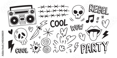 Collection of grunge-inspired hand drawn doodle elements including boombox skull barbed wire and abstract shapes on white