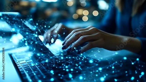 Data Streams - Hands Typing on Laptop with Digital Overlay.