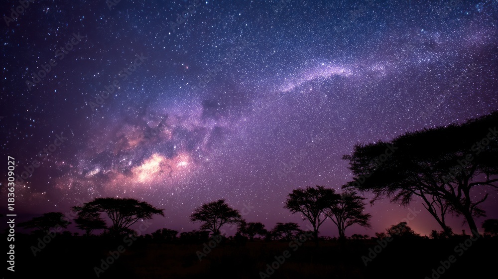 Fototapeta premium A starry night sky with the Milky Way visible in the distance, silhouetted trees in the foreground, and a clear, dark sky above.