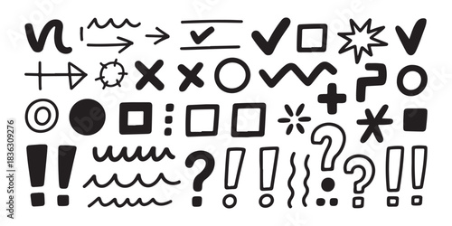Set of hand drawn various doodle elements including arrows checks crosses circles waves and question marks