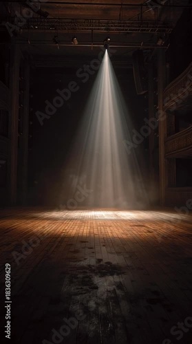 Dramatic spotlight beams on stage with wood flooring