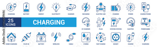 Charging icon set. Containing charge, battery, energy, electricity, charger, recharge, electric car and charging station icons. Blue icon collection. Vector illustration.