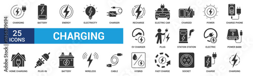 Charging icon set. Containing charge, battery, energy, electricity, charger, recharge, electric car and charging station icons. Glyph icon collection. Vector illustration.