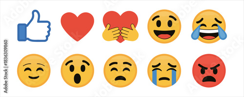 Set of popular emoji reactions vector illustration, emoticons collection for social media feedback
