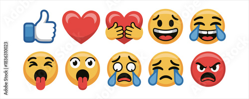 Set of popular emoji reactions vector illustration, emoticons collection for social media feedback