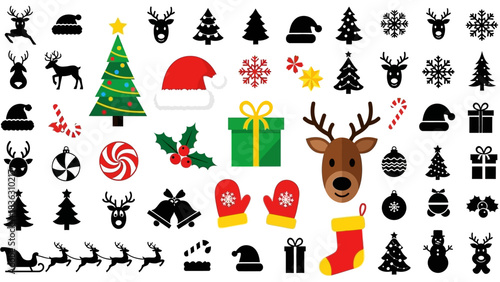 Christmas Icon Set With Reindeer Santa Hats Christmas Trees And Gifts holiday festive