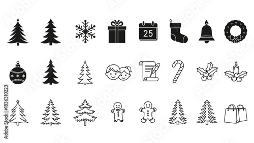Christmas Icon Set With Trees Snowflakes Gifts Calendar Stockings And Bells holiday festive