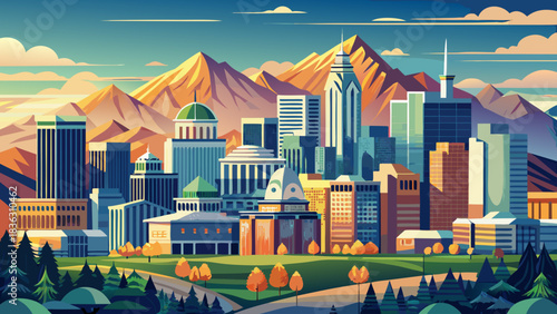 Very beautiful panoramic view of Salt Lake City framed by distant mountains, modern downtown buildings, clear western light, and a peaceful urban atmosphere ideal for scenic travel artwork.
