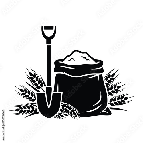 Black Silhouette of Shovel Bag of Flour and Wheat grain