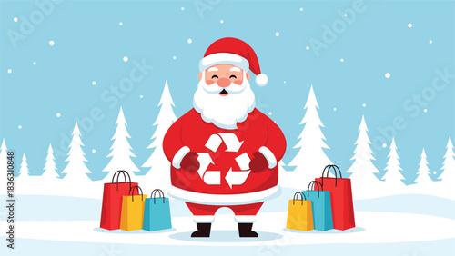 Cheerful Santa Claus promotes a green Christmas with a recycling symbol on his suit while standing in a snowy winter wonderland.
