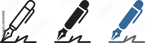 Writing with fountain pen icon set representing signature document agreement contract and business authorization.