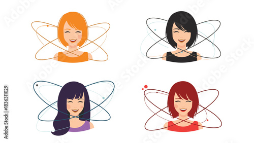 Set of four beautiful, smiling women with different hair colors and hairstyles, depicted with atomic symbols orbiting their heads.