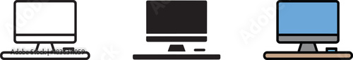 Computer monitor desktop icon set showing technology workspace device outline solid flat styles vector.