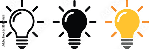 Electric lightbulb symbol collection displaying power inspiration illumination discovery outline silhouette flat vector.
