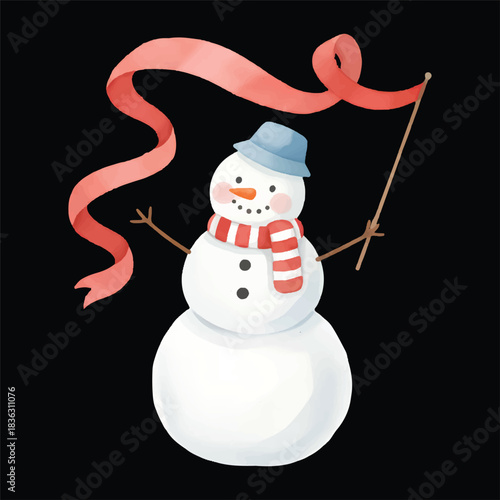 Cute Snowman Rhythmic Gymnast Watercolor, Isolated on Black Background, Vector Illustration

