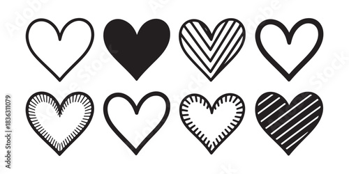 Black and white heart icons set representing love, affection, and emotional connection on clean backdrop