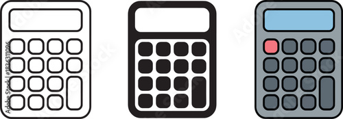 Electronic calculator icon set showing calculation device mathematics accounting outline silhouette flat styles vector.