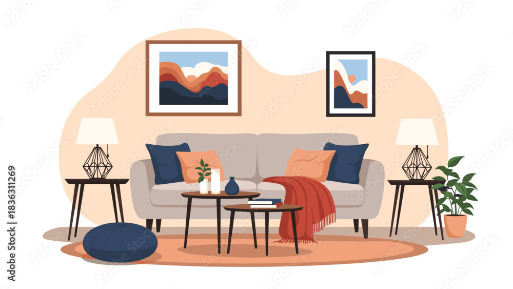 Fototapeta premium Modern and cozy living room interior with a comfortable sofa, coffee table, house plants, and stylish decorations for home decor.