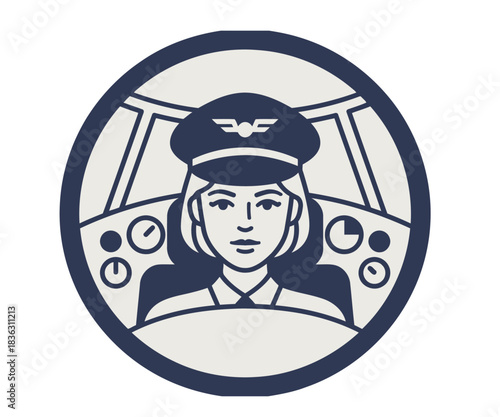 Female airline pilot in cockpit retro style vector emblem or badge illustration
