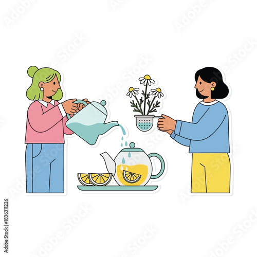 Two women preparing chamomile tea with lemon, one pouring water into a teapot while the other holds a daisy plant.
