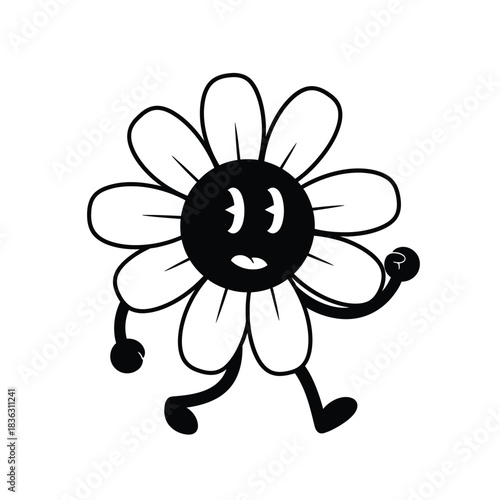 Cartoon daisy character walking with a surprised expression