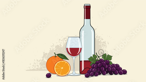 Classic still life composition with a bottle and glass of red wine, accompanied by fresh grapes and a ripe orange on a textured background.