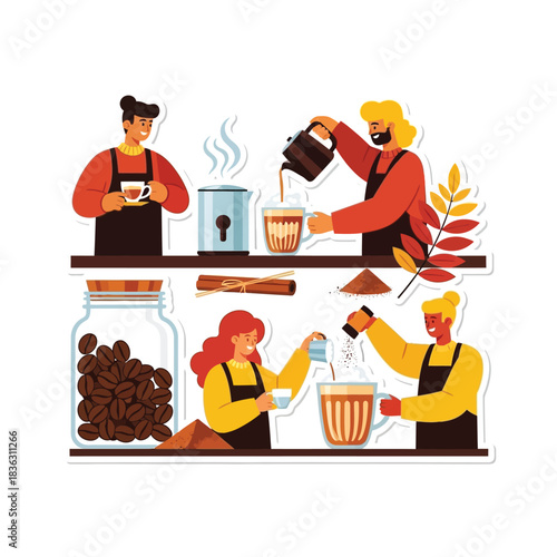 Illustration of people preparing and enjoying various coffee and hot drinks with ingredients.