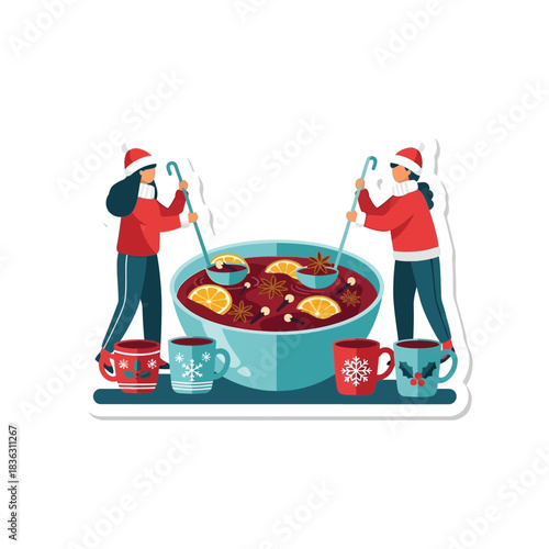 Two women in Santa hats preparing and serving festive mulled wine or punch with oranges and spices in a large bowl, surrounded by Christmas mugs.