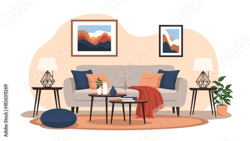 Modern and cozy living room interior with a comfortable sofa, coffee table, house plants, and stylish decorations for home decor.