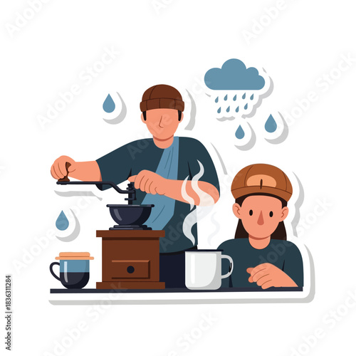 Illustration of a man grinding coffee beans and a woman enjoying a hot drink on a cozy rainy day.