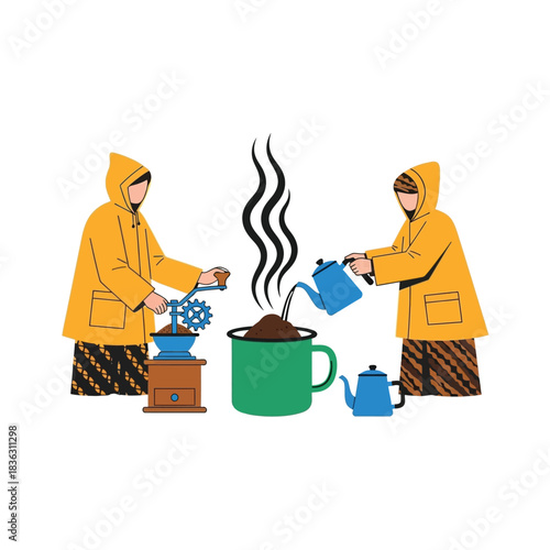 Two figures in yellow coats preparing coffee, using a grinder and pouring water into a mug.