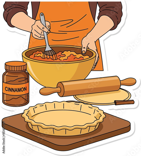 A person wearing an orange apron is mixing ingredients in a bowl, preparing to bake a pie with a rolling pin, cinnamon, and an empty pie crust on a wooden board.