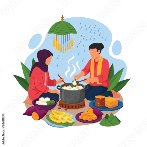 Two women cooking traditional food outdoors with various snacks and ingredients around them.