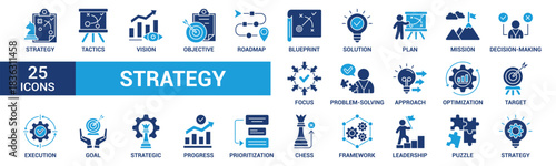 Strategy icon set. Containing goal, tactics, vision, plan, objective, roadmap, problem-solving, mission, solution and execution. Solid vector icons collection.