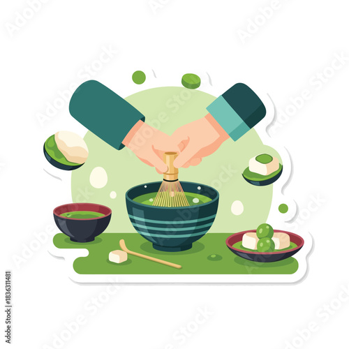 Hands whisking vibrant green matcha tea in a traditional bowl surrounded by Japanese sweets.