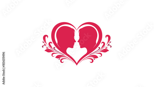 Elegant heart-shaped logo featuring two silhouettes facing each other, surrounded by floral ornaments symbolizing love and romance.