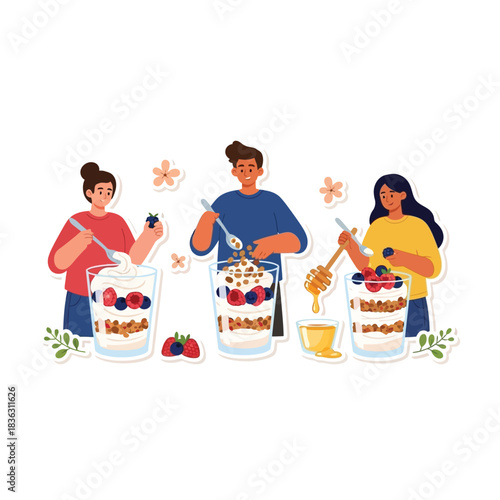 Three people are preparing parfait desserts with yogurt, granola, and berries in glasses.