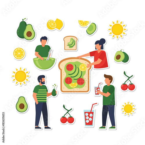People preparing and enjoying healthy food like avocado toast, fresh fruits, and drinks, surrounded by sun icons.