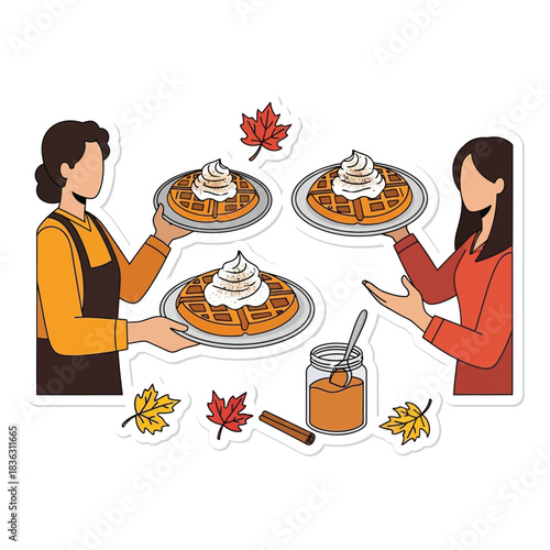 Two women serving pumpkin spice waffles with whipped cream and autumn leaves, celebrating fall season.