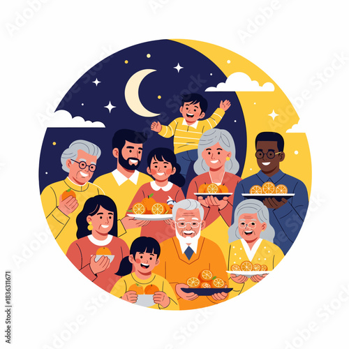 A diverse multi-generational family and friends gather under a starry night sky, happily holding oranges, celebrating togetherness and community.