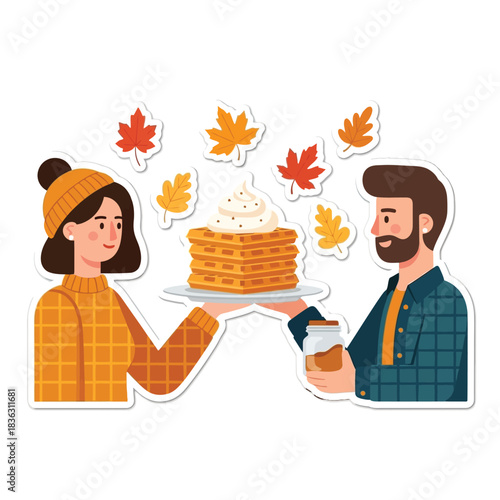 A couple enjoying autumn treats, with a woman holding pancakes and a man holding maple syrup, surrounded by fall leaves.