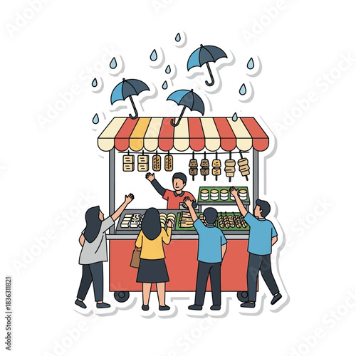 A street food vendor selling snacks to customers under umbrellas during rain.