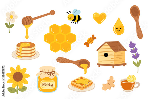 Cute vector set with honey, bee, hive, honeycomb, flowers, pancakes, waffle, spoon and tea. Perfect for food design, kids decor, stickers, packaging and sweet themed illustrations.