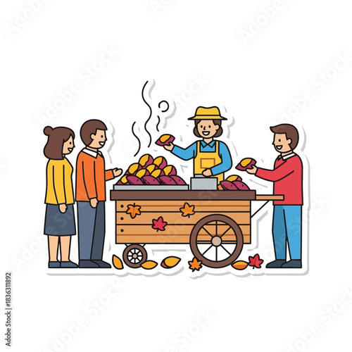 A vendor sells roasted sweet potatoes from a wooden cart to customers in an outdoor setting.