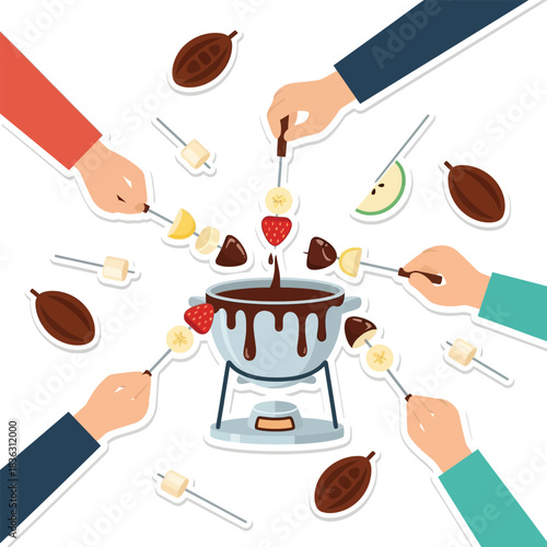 Multiple hands dipping fruit and marshmallows into a chocolate fondue pot, surrounded by cocoa beans and various dippables.