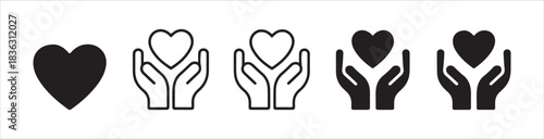 Heart symbol and hands holding heart icon set in outline and solid styles, vector illustration on white background