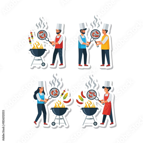 Four cartoon stickers depicting chefs grilling various foods like shrimp, skewers, corn, and peppers on barbecue grills with flames and smoke.