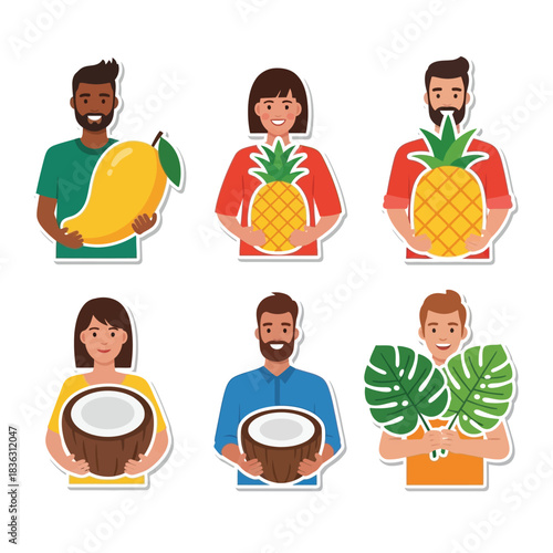 Diverse people holding tropical fruits and leaves, smiling, presented as stickers.