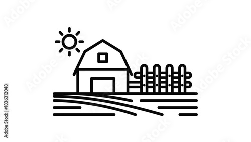 Farm Barn with Sun and Fence Line Art field
