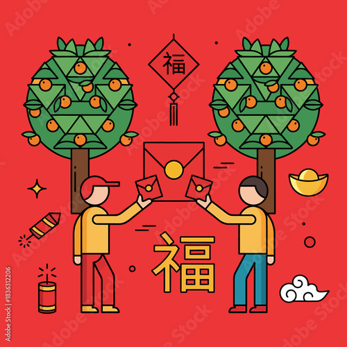 Two people exchanging red envelopes under tangerine trees with Chinese New Year decorations, symbolizing good fortune and blessings.
